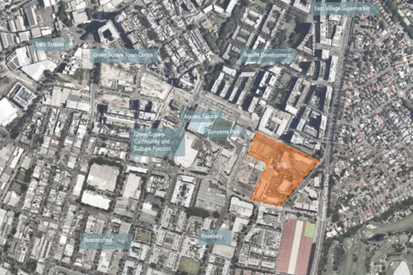 A map of the development site, with west Kensington to its immediate right, on the other side of Southern Cross Drive.