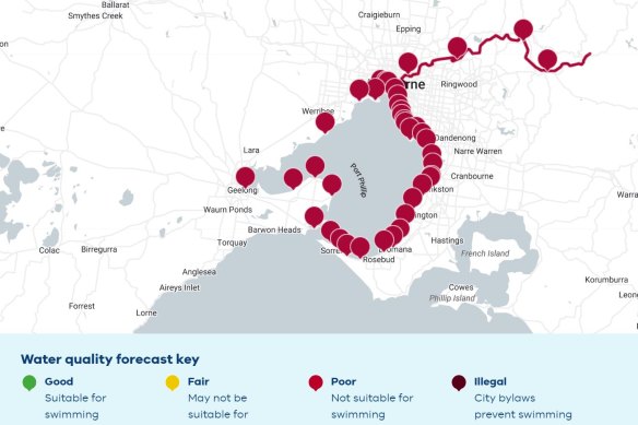 The EPA’s Beach Report ratings for January 18, 2024, showing all of Melbourne’s beaches were unsuitable for swimming. 