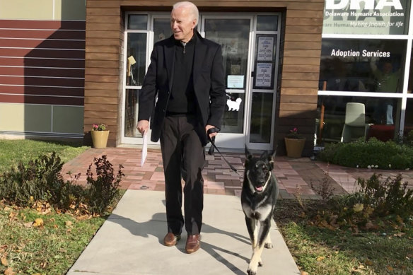 Joe Biden with his German shepherd Major, in Wilmington, Delaware, in a 2018 file picture.