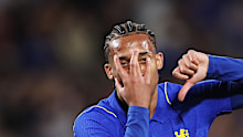 Joao Pedro of Chelsea celebrates scoring a goal.