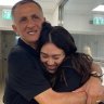 Yaakov Argamani embraces his daughter, Noa Argamani, after her release from captivity. 