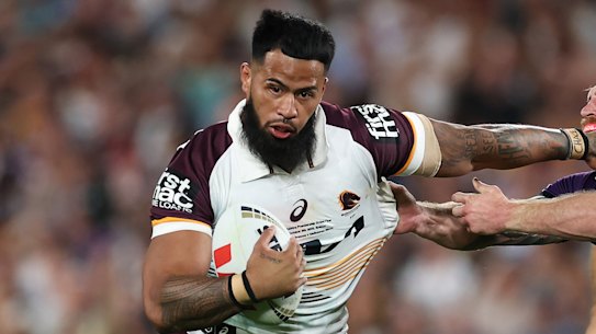 Brisbane’s Payne Haas, Taufua’s son, in action during the 2025 grand final.