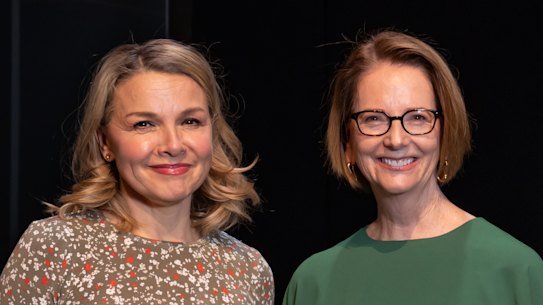Julia Gillard with Justine Clarke, who plays the former prime minister in a stage play.