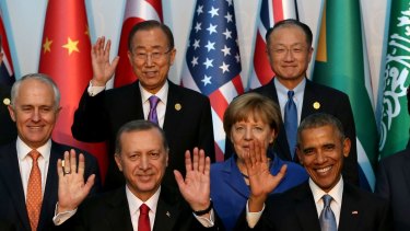 Mr Ban poses with global leaders, including former Australian PM Malcolm Turnbull, at a G-20 summit in Turkey in 2015. 