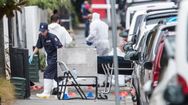 Body bags being wheeled into Masjid Al Noor Mosque in Christchurch.