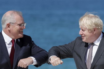 Prime Minister Scott Morrison and British Prime Minister Boris Johnson in Cornwall for the G7 summit.