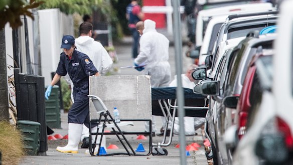Body bags being wheeled into Masjid Al Noor Mosque in Christchurch.
