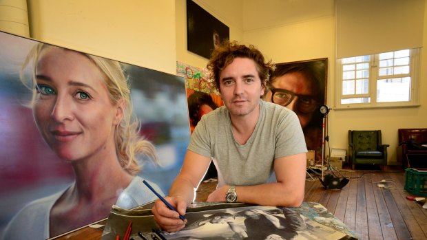 Artist Vincent Fantauzzo with a painting of his wife, Asher Keddie.