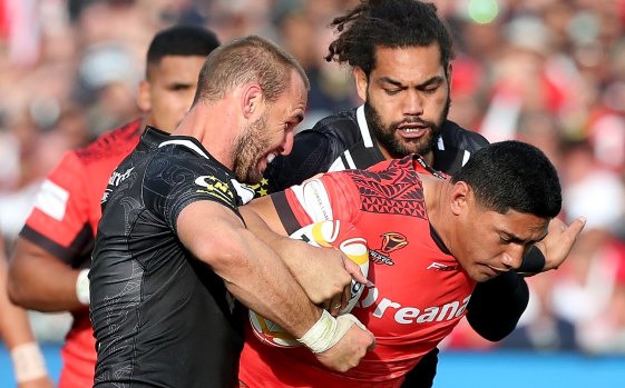 Grudge match: Taumalolo takes on the team he turned his back on, New Zealand, at the World Cup.