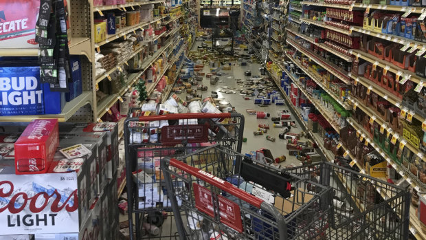 Food and other merchandise lies on the floor at the Stater Bros. in Ridgecrest, after an earthquake on Thursday.