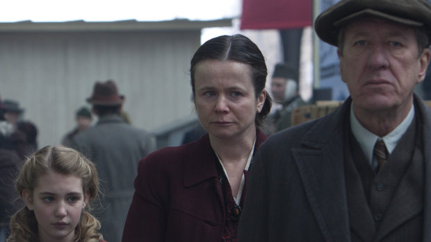 Sophie Nelisse, Emily Watson and Geoffrey Rush in the film adaptation of The Book Thief.