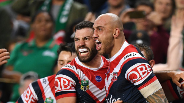 Date with destiny: James Tedesco and Blake Ferguson celebrate the latter's try.