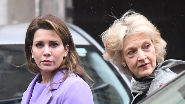 Princess Haya, left, arrives with her lawyer Baroness Fiona Shackleton at the High Court in London, England. 