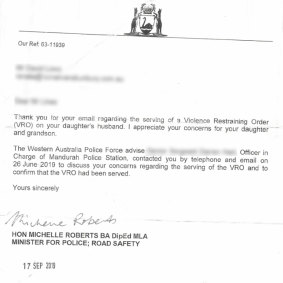 A letter from then-police minister Michelle Roberts pointing to Ms Meyer’s VRO, dated September 17, 2019.