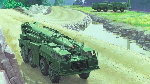 The Hwasong-5 is also known as a Scud-B, pictured here on a mobile missile launcher in an artist's rendering.