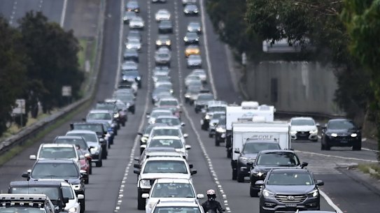 Traffic builds on the M1 Pacific Motorway on Boxing Day 2020.