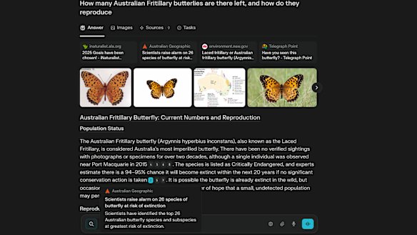 The top of a very long response from Perplexity, on a question about butterflies.