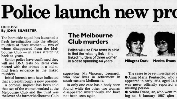 <i>The Age</i>'s 1998 report on the new investigation linking three suspected murders.