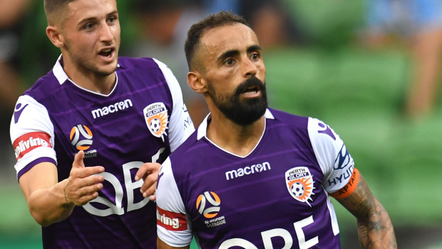 Diego Castro reacts after his spectacular goal against Melbourne City at AAMI Park on Sunday.