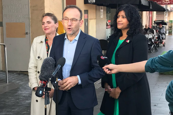 Sonya Semmens, Greens candidate for Macnamara (left), Adam Bandt, Greens leader (centre), and Samantha Ratnam, Greens candidate for Wills (right).