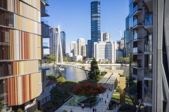 An artist impression of the bridge’s Kangaroo Point landing at Scott Street, looking back toward the city skyline.