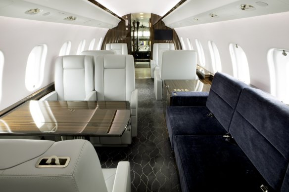 Private jet style... cabin interiors of a Bombardier Global 6000.