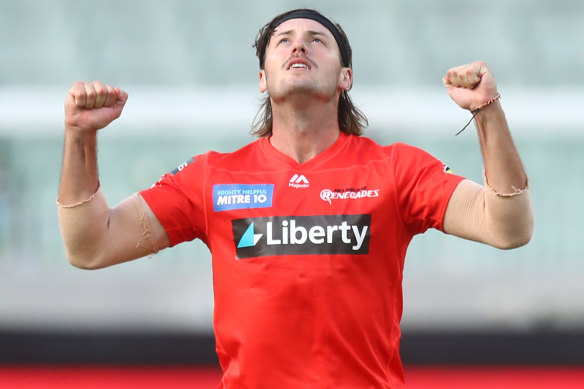 Zak Evans celebrates a wicket while playing in the Big Bash with the Melbourne Renegades.