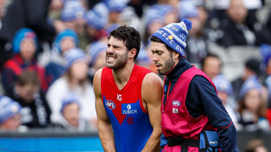 Christian Petracca was in immediate pain after the collision in the King’s Birthday clash.