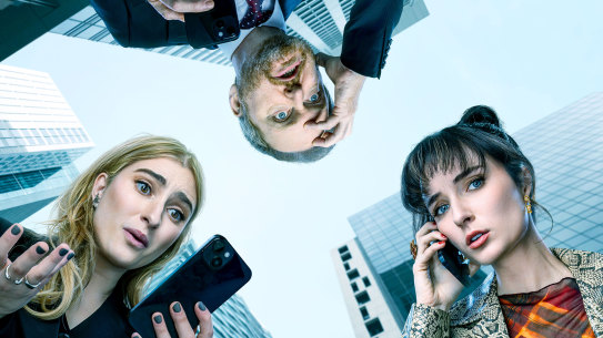 Jenna Owen (left) as Nicole Kidman, Vic Zerbst (right) as Greta Goldman and Charles Firth as Ian Randell in Optics.