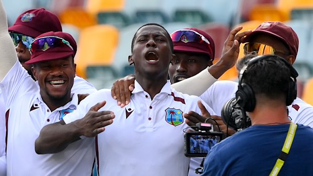 The West Indies celebrate their win over Australia at the Gabba in 2024.