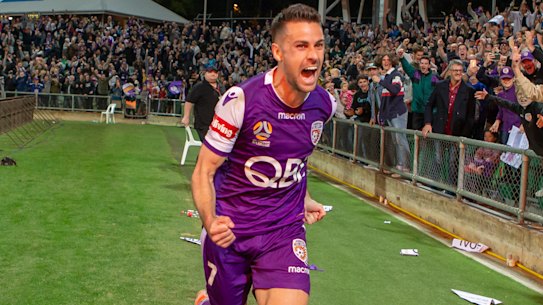 Joel Chianese of Perth Glory celebrates his penalty kick conversion.