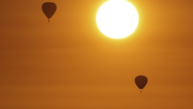 Hot air balloons during sunrise over Canberra during day two of the Balloon Spectacular festival, in March last year.