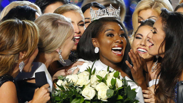 Miss New York Nia Franklin reacts after being named Miss America.
