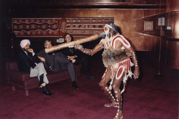 Shane Moloney and Gnarnayarrahe Waitarie do their best to persuade IOC delegates of Melbourne's cultural and artistic credentials
