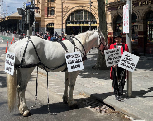 Dean Crichton in Swanston Street, Melbourne, protesting the state government ban on horse-drawn carriages operating in the CBD in 2022.