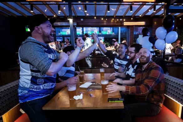 Fans at the Sporting Globe in Geelong on Saturday night.