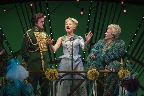 Liam Head (Fiyero), Courtney Monsma (Glinda) and Robyn Nevin (Madame Morrible) in Wicked.