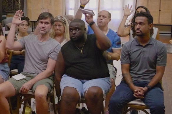 The cast of Jury Duty Presents: Company Retreat, including Anthony Norman (far right), who plays the unsuspecting new “hero”.