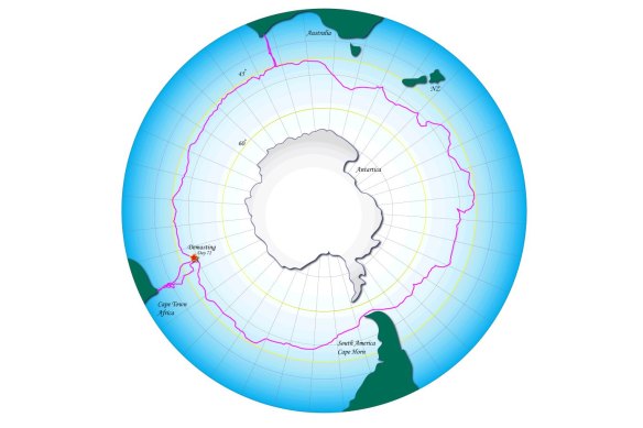 A tracking map shows where Lisa Blair dismasted on her journey around Antarctica. 