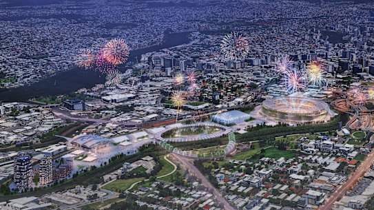 Artists’ impression of Wilkinson Eyre’s proposal for a new Brisbane 2032 Olympic stadium at the Mayne Yards Queensland Rail stabling yards. Image supplied 08/01/2025.