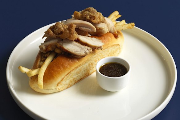 Levi’s signature chicken roll with roast chicken, house-made stuffing, chips, Kewpie mayonnaise and fried chicken skin in a soft long roll with a side of chicken gravy.