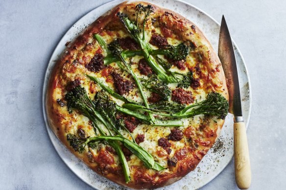 Five-ingredient smoky eggplant, broccolini and 'nduja pizza recipe. 