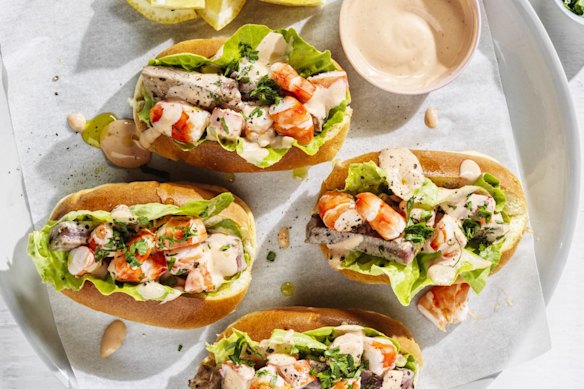 Seafood sandwich with spicy cocktail sauce.