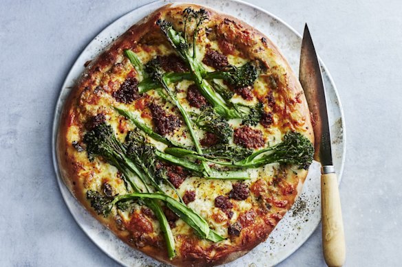 Five-ingredient smoky eggplant, broccolini and 'nduja pizza recipe. 