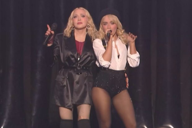 Madonna and Sabrina Carpenter perform at the 2026 MTV VMAs.