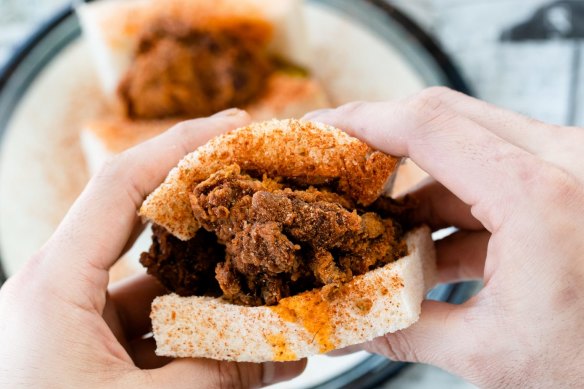 Buttermilk chicken katsu sando at Sandoitchi Cafe in Darlinghurst.