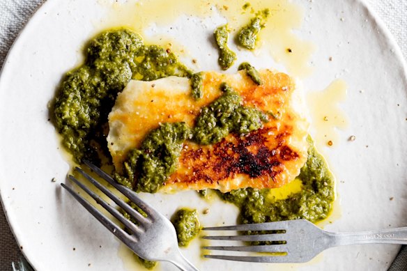 Grilled haloumi and salsa verde.