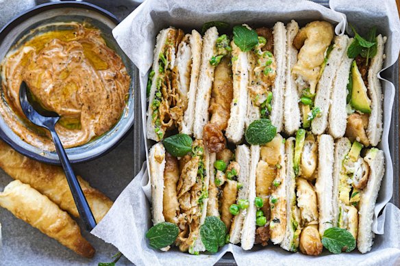 Fish fingers meet club sandwiches.