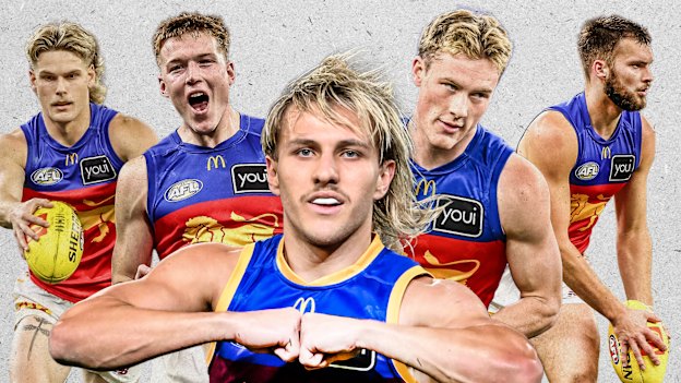 Brisbane Lions rising youngsters (from left to right): Will Ashcroft, Logan Morris, Kai Lohmann, Jaspa Fletcher, Darcy Wilmot.