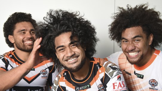 From left to right (we think) ... Wests Tigers trio Isaiah Papali’i, AJ Kepaoa and Justin Matamua.